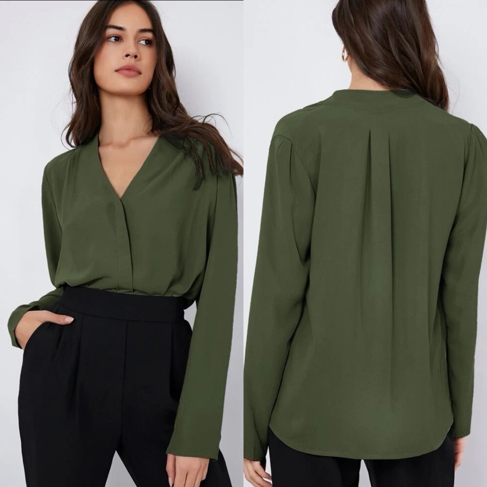 Long sleeve v neck pleated faux wrap look business casual blouse dark green - Picture 3 of 8